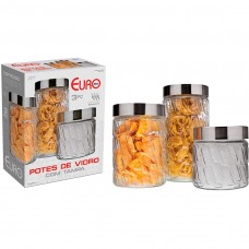 CONJUNTO DE POTES DE VIDRO COM TAMPA INOX MOSAICO 3 PEÇAS